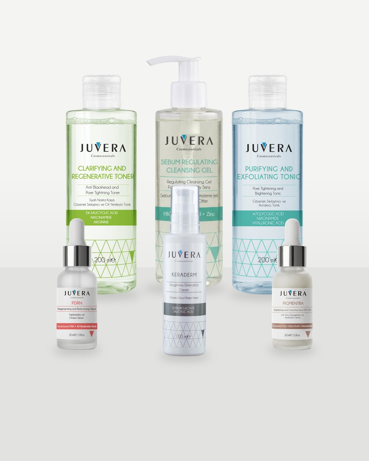 JUVERA Cosmeceuticals Sortiment: Toner, Reinigungsgel, Tonic, PDRN-Serum, KERADERM und PIGMENTRA